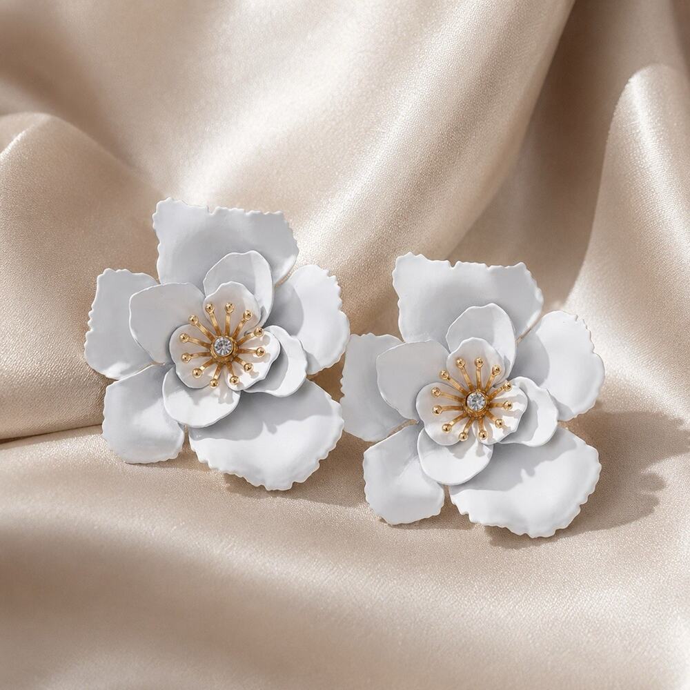 Flower Earrings Zara White Cottagecore Statement Botanical Romantic Boho Crystal